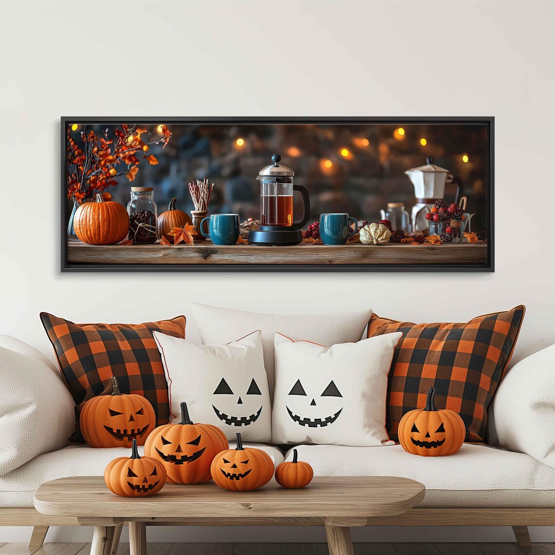 Cozy Coffee Table Still Life French Press Pumpkins Autumn Leaves Print - Image 3