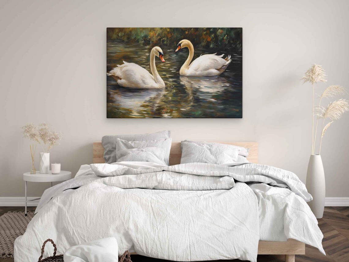 Swans Swimming in a Pond, Impressionist Art Print - Image 3