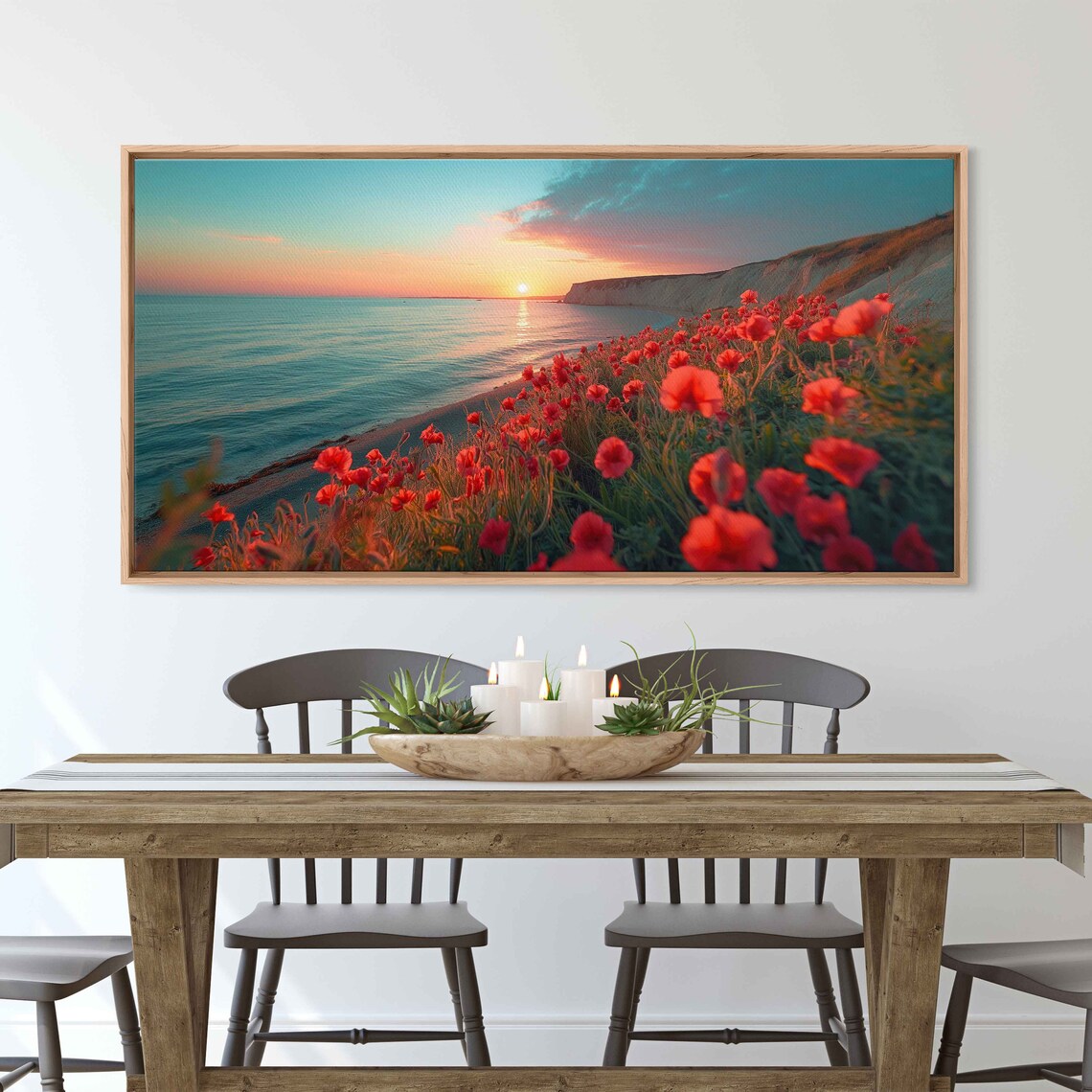 Red Poppy Field Sunset Ocean Cliff Golden Hour Coastal Landscape Poster - Image 3
