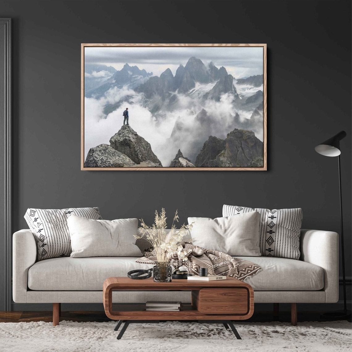 Climber On Rocky Summit Overlooking Cloud Sea Peaks View Print - Image 4