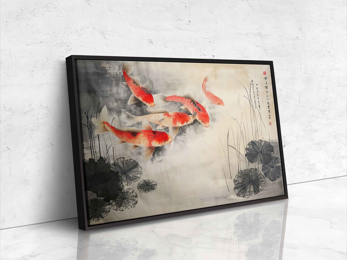 Koi Fish In Pond Traditional Asian Painting Framed Print Ready To Hang - Image 4