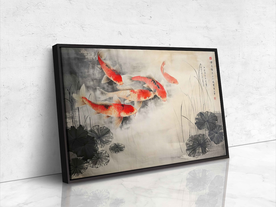 Red Koi Fish Pond Traditional Asian Ink Painting Wall Art Poster - Image 4