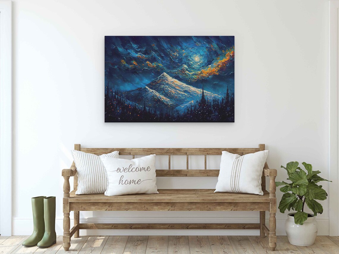 Starry Night Snowy Mountain Peak Moon Pines Textured Palette Knife Art Poster - Image 2