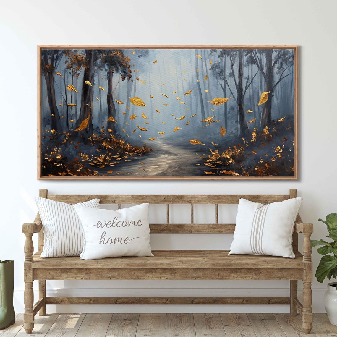 Misty Forest Path With Falling Golden Leaves Autumn Painting Poster