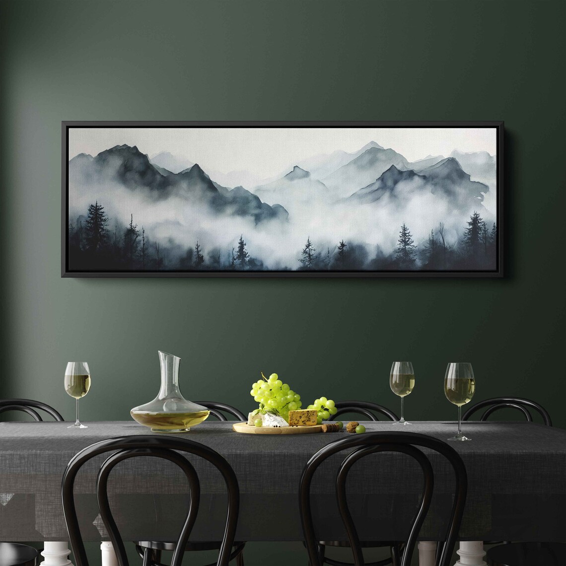 Foggy Mountain Landscape With Trees Painting Framed Print Ready To Hang - Image 2