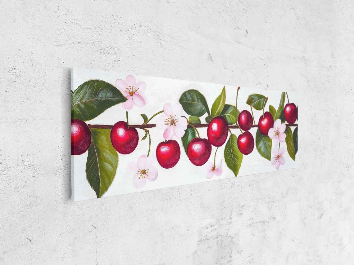 Red Cherries Pink Blossoms Branch Panoramic Watercolor Kitchen Poster - Image 4