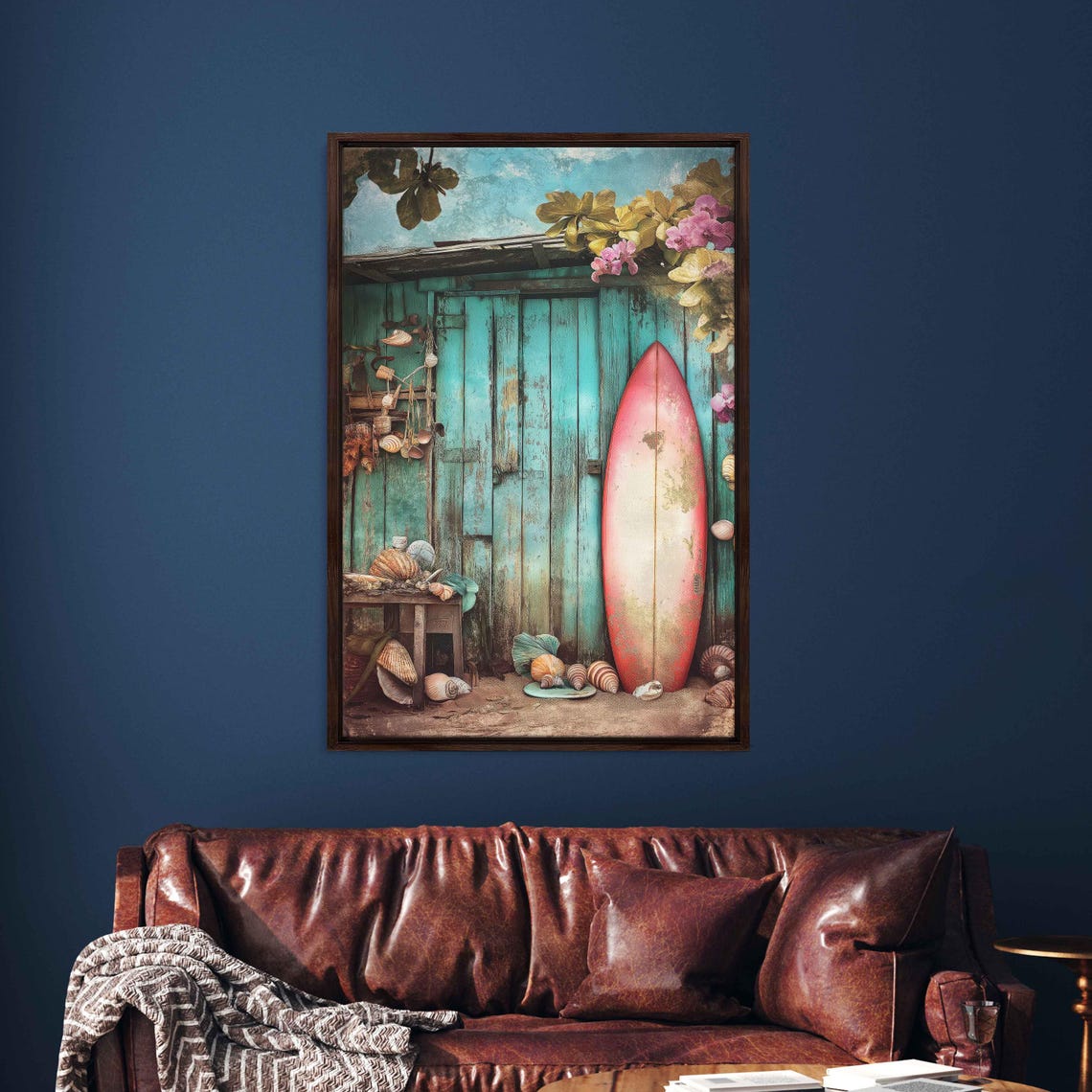 Vintage Surfboard Turquoise Beach Shack Seashells Tropical Wall Art