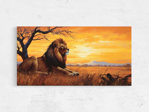Majestic Lion Resting Golden Savanna Sunset Acacia Tree Wildlife Art Poster