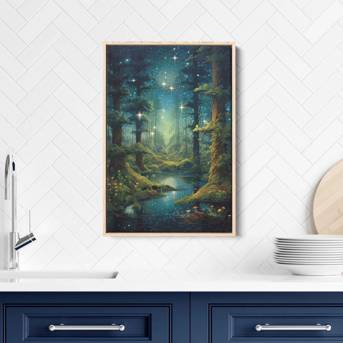 Enchanted Forest Starry Night Sky Print On Framed Art Ready To Hang Vibrant Colors - Image 2