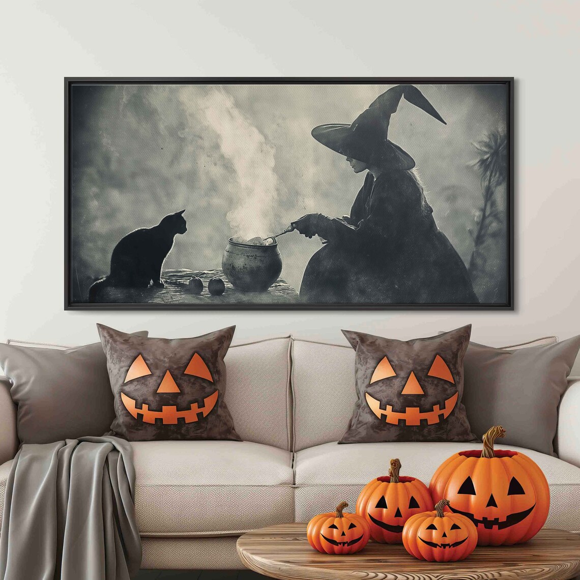 Vintage Witch Brewing Potion Cauldron With Black Cat Halloween Print - Image 3
