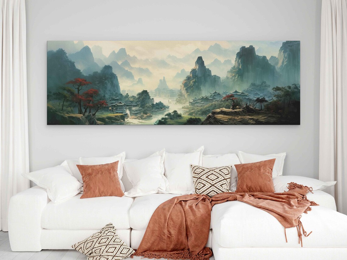 Japanese Village Oil Painting, Foggy Skies Art Print - Image 2