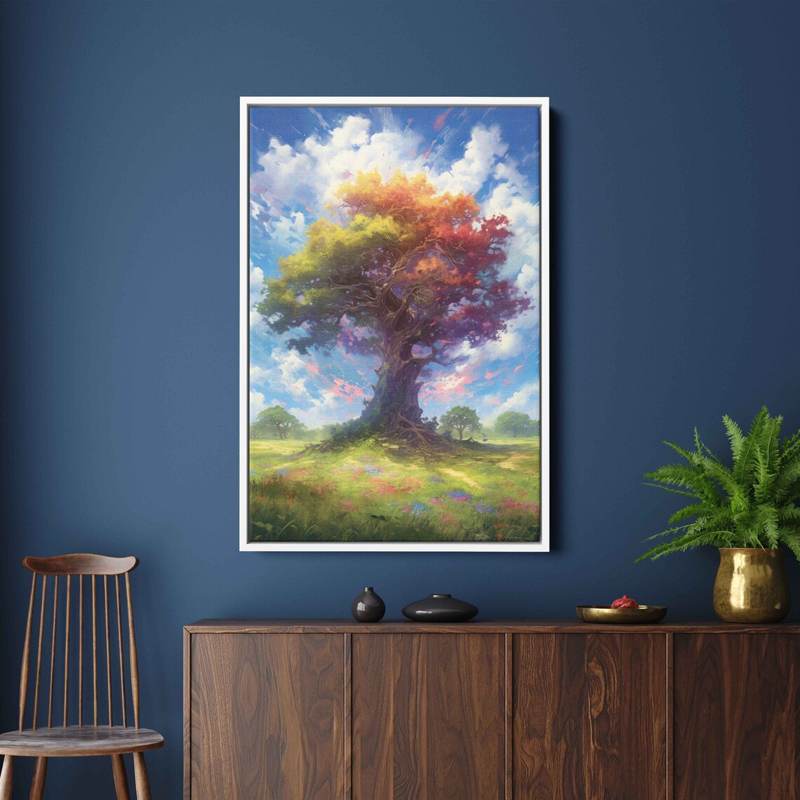 Colorful Ancient Tree In An Open Field Colorful Cloudy Skies Framed Print Ready To Hang - Image 2