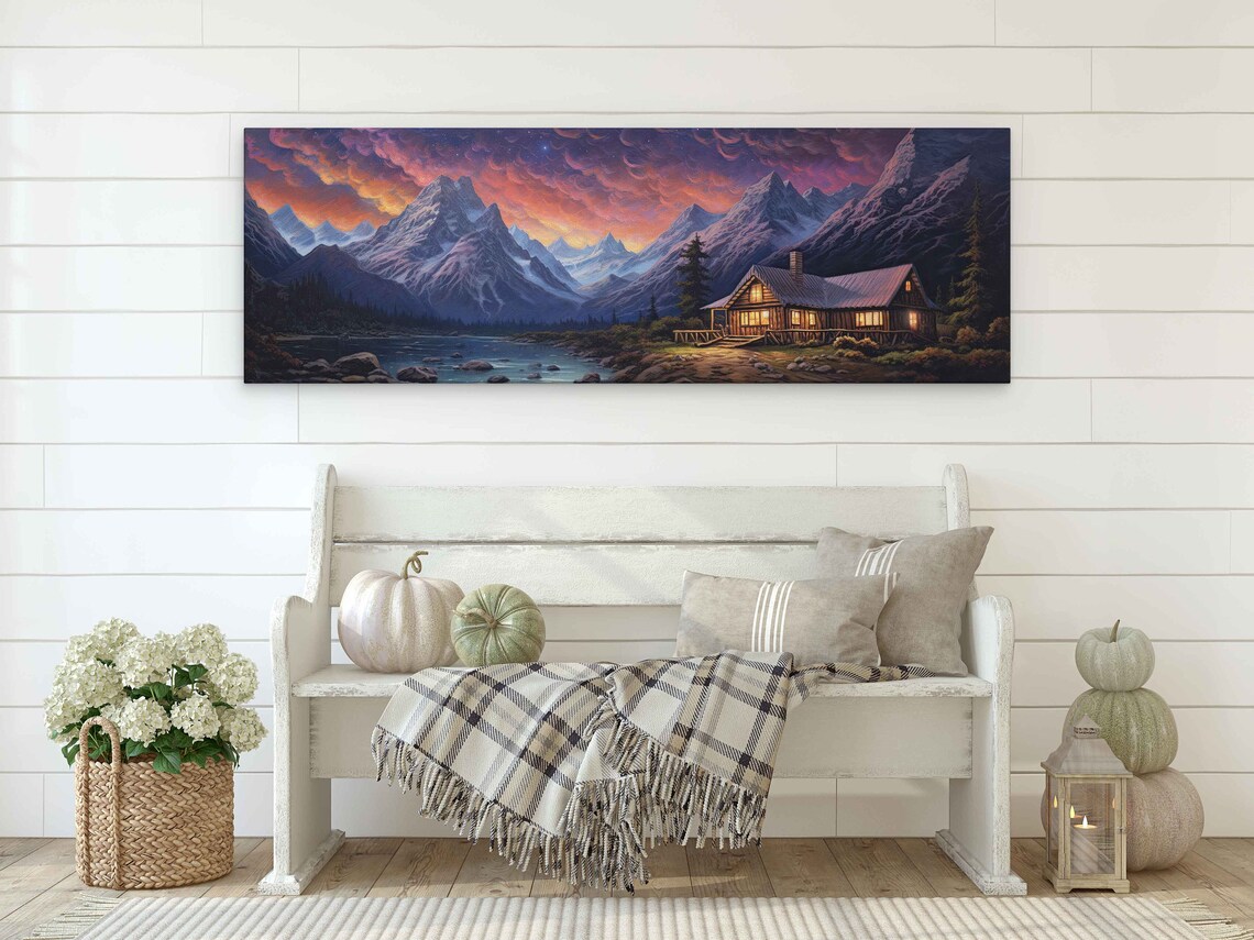 Panoramic Log Cabin by Lake Fiery Sunset Snowy Peaks Mountain Poster - Image 2