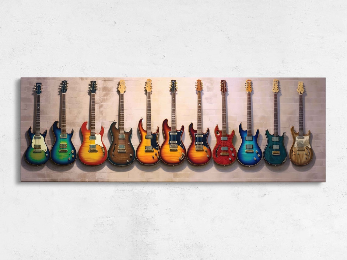 Colorful Electric Guitars Panoramic Lineup Against Brick Wall Print