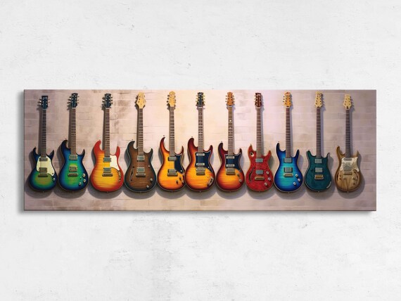 Colorful Electric Guitars Panoramic Lineup Against Brick Wall Print