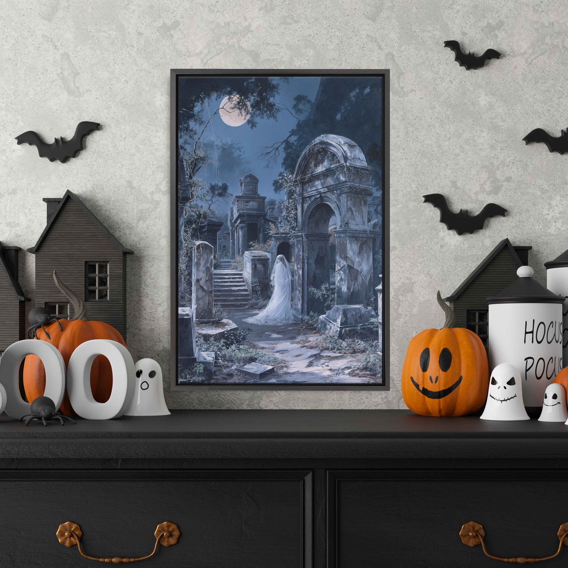 Ghostly Bride Walking Through Overgrown Moonlit Cemetery Wall Art