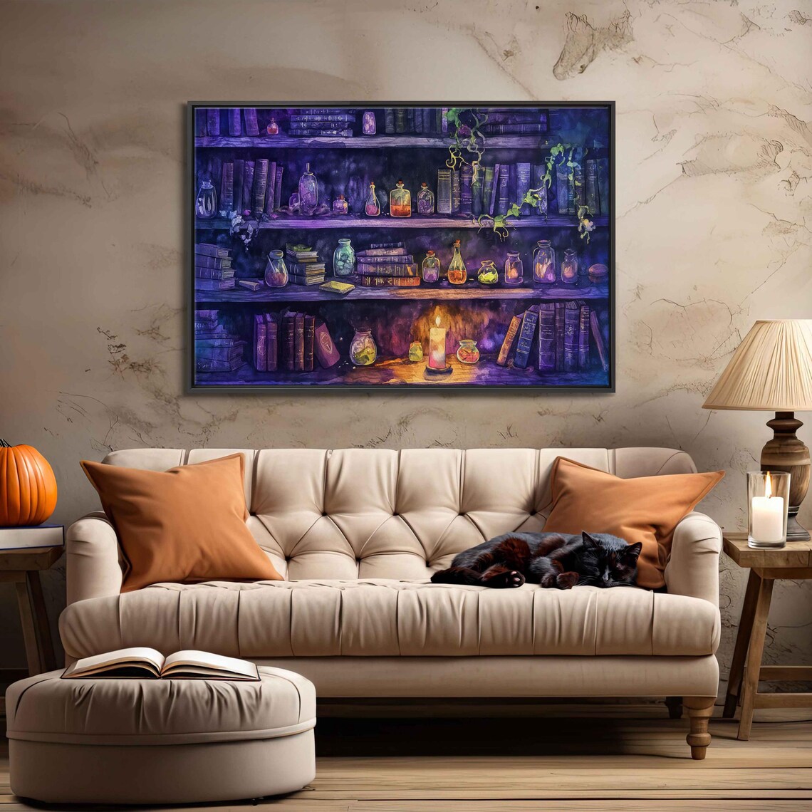 Whimsical Witch Library Bookshelves With Potions Halloween Watercolor Poster - Image 3