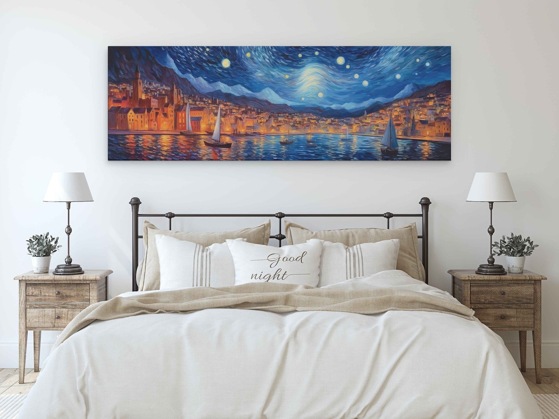 Van Gogh-Inspired Starry Night Coastal Town Art Print - Image 3