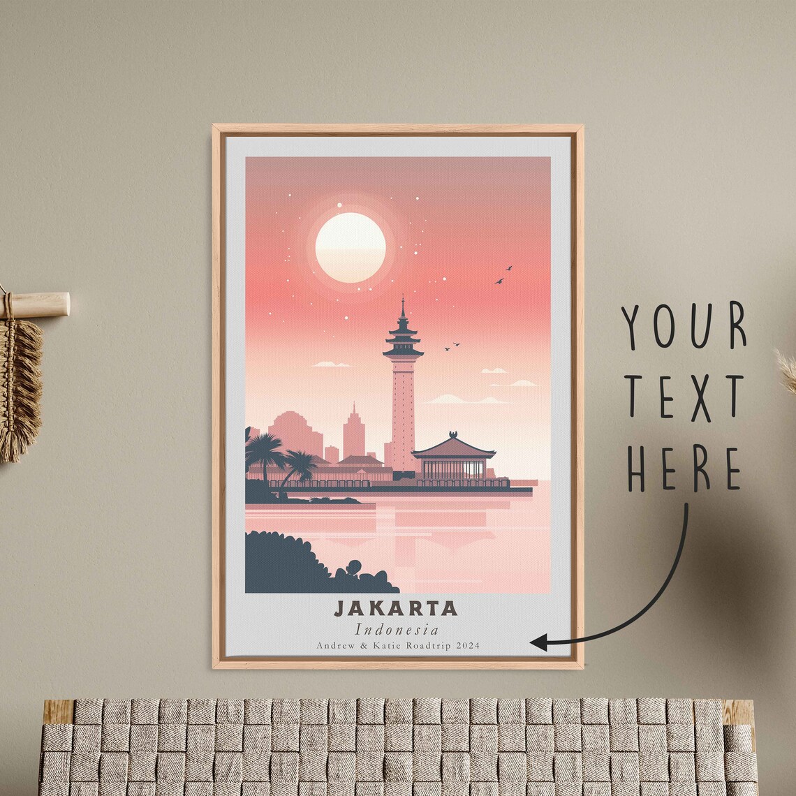 Jakarta Indonesia Waterfront Pagoda Full Moon Pink Sky Travel Poster - Image 3