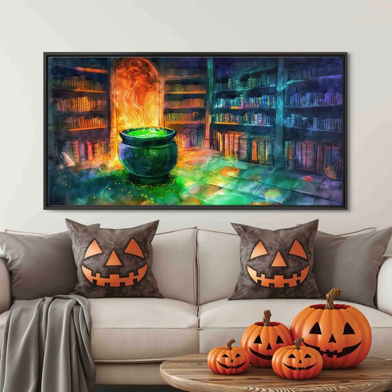 Witches Cauldron Brewing Green Potion Magical Library Watercolor Art