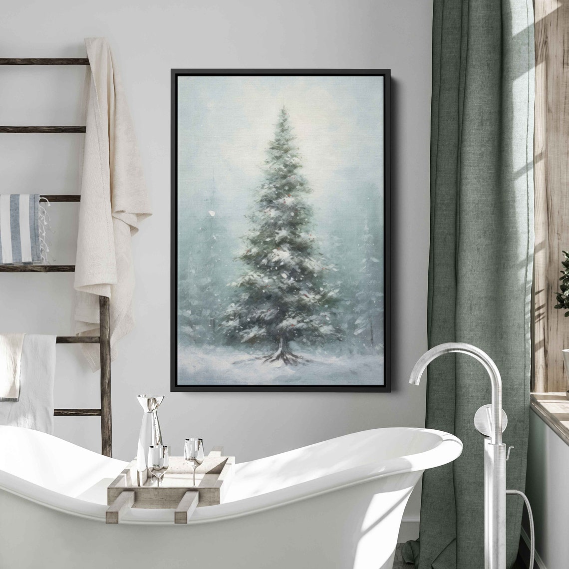Snowy Winter Tree Acrylic Painting Muted Blue Grey Frosty Nature Art - Image 2