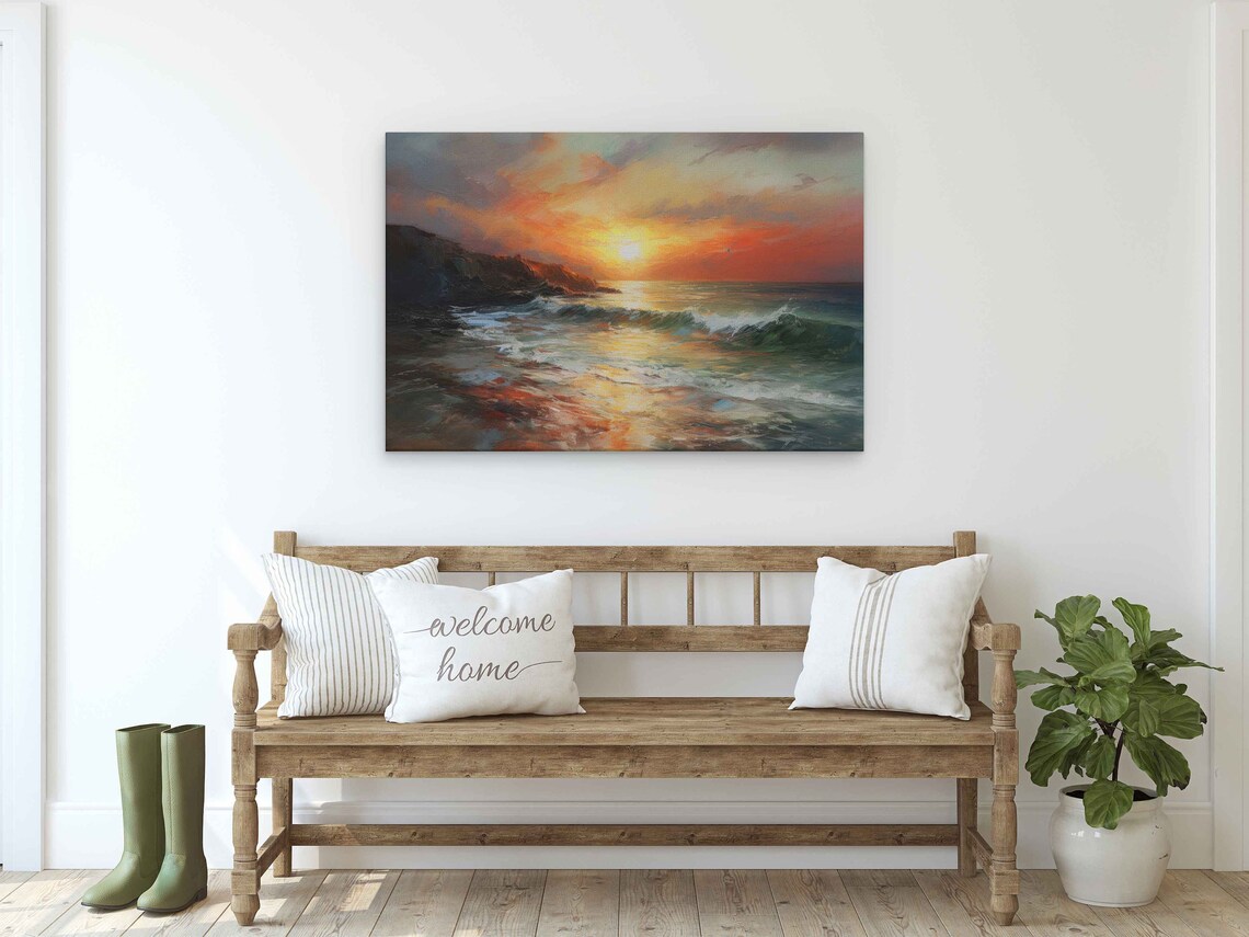 Fiery Ocean Sunset Over Rocky Shore Golden Reflection Painting Poster - Image 2