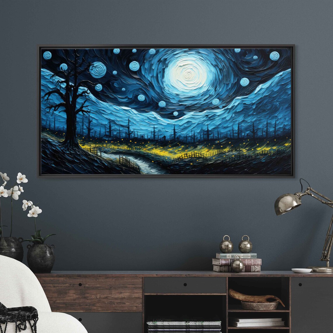 Starry Night Swirling Blue Sky Twisted Tree Golden Valley Art Poster - Image 3