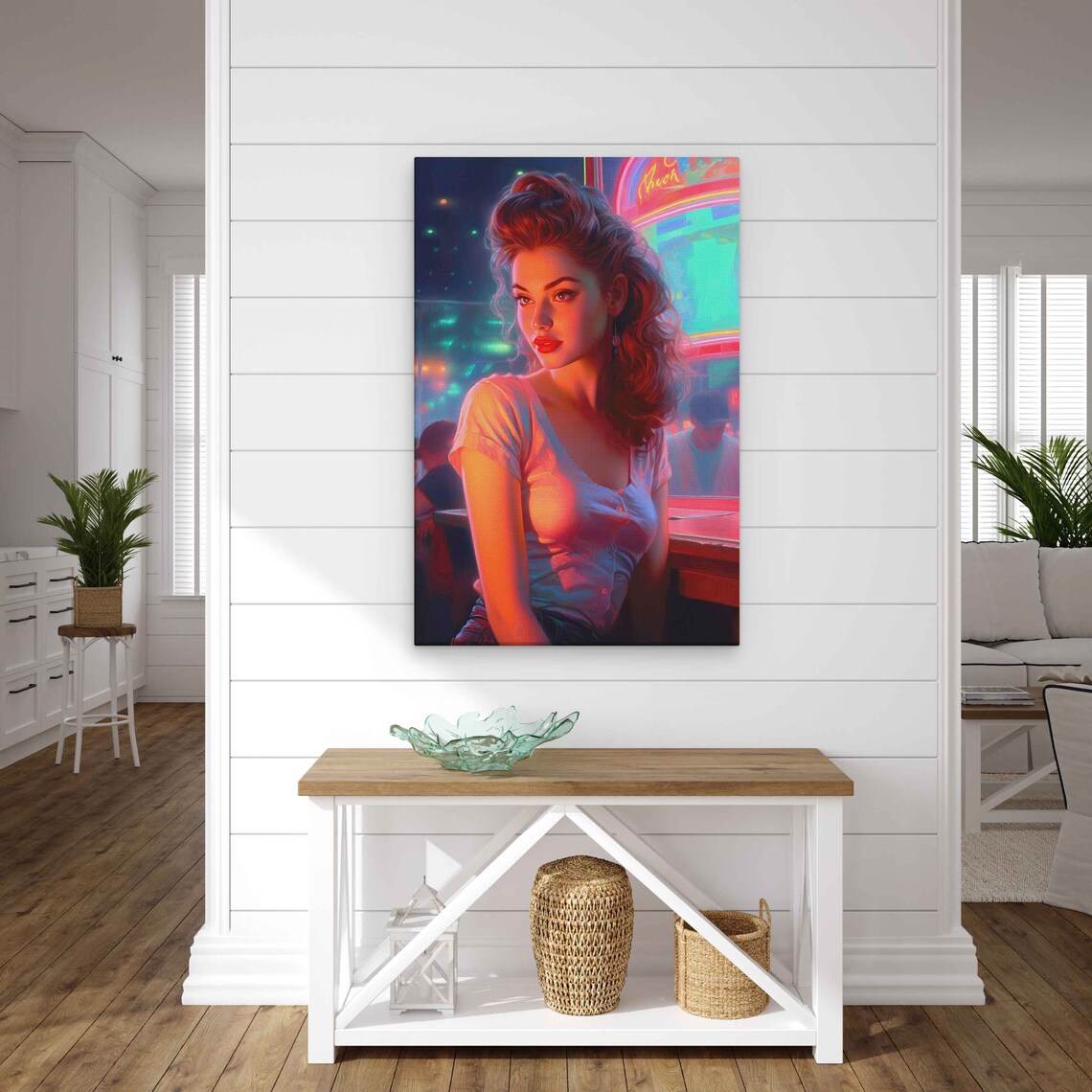 Retro Woman Portrait Neon Bar Pink Green Lights Vintage Pop Art Poster - Image 3