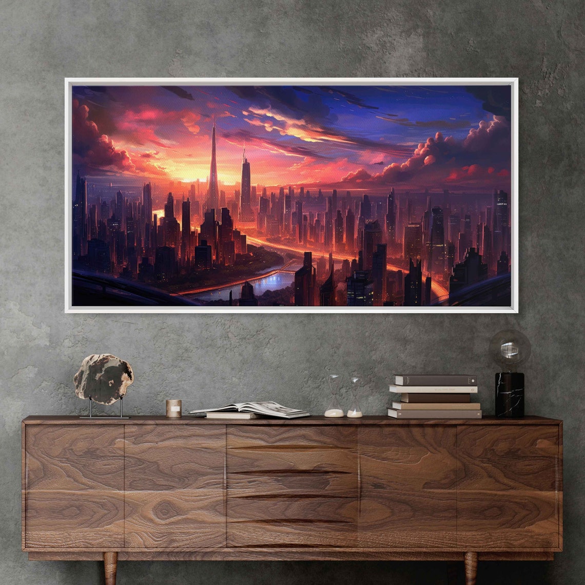 Neon City Skyline Sunset River Lights Vibrant Urban Night Poster