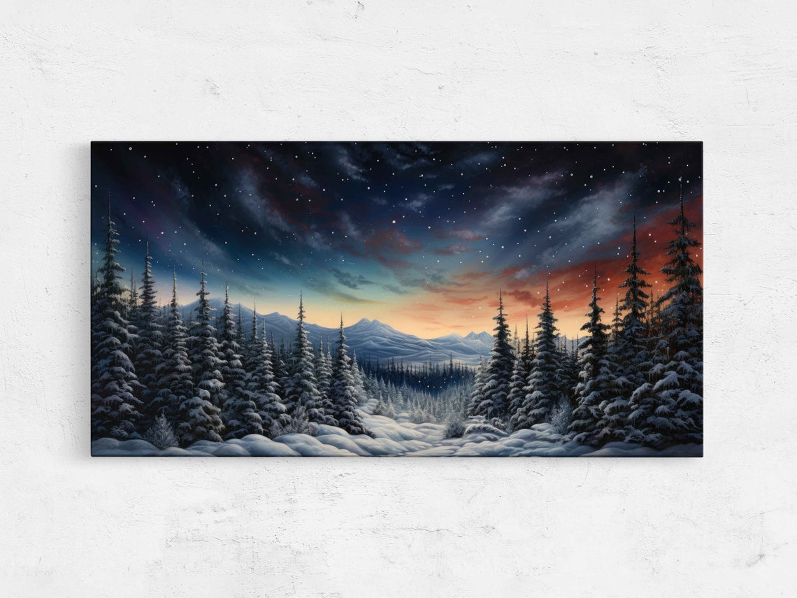 Winter Night Panoramic Starry Sky Snowy Forest Mountain Glow Poster