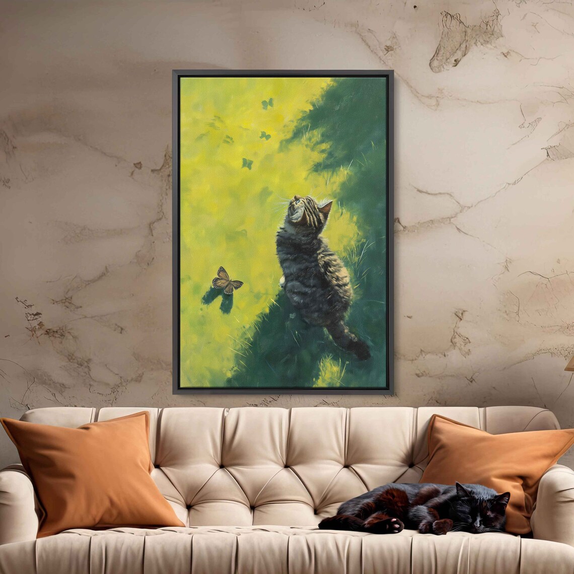 Playful Tabby Kitten Butterfly Sunny Meadow Garden Painting Cat Wall Art Print - Image 3