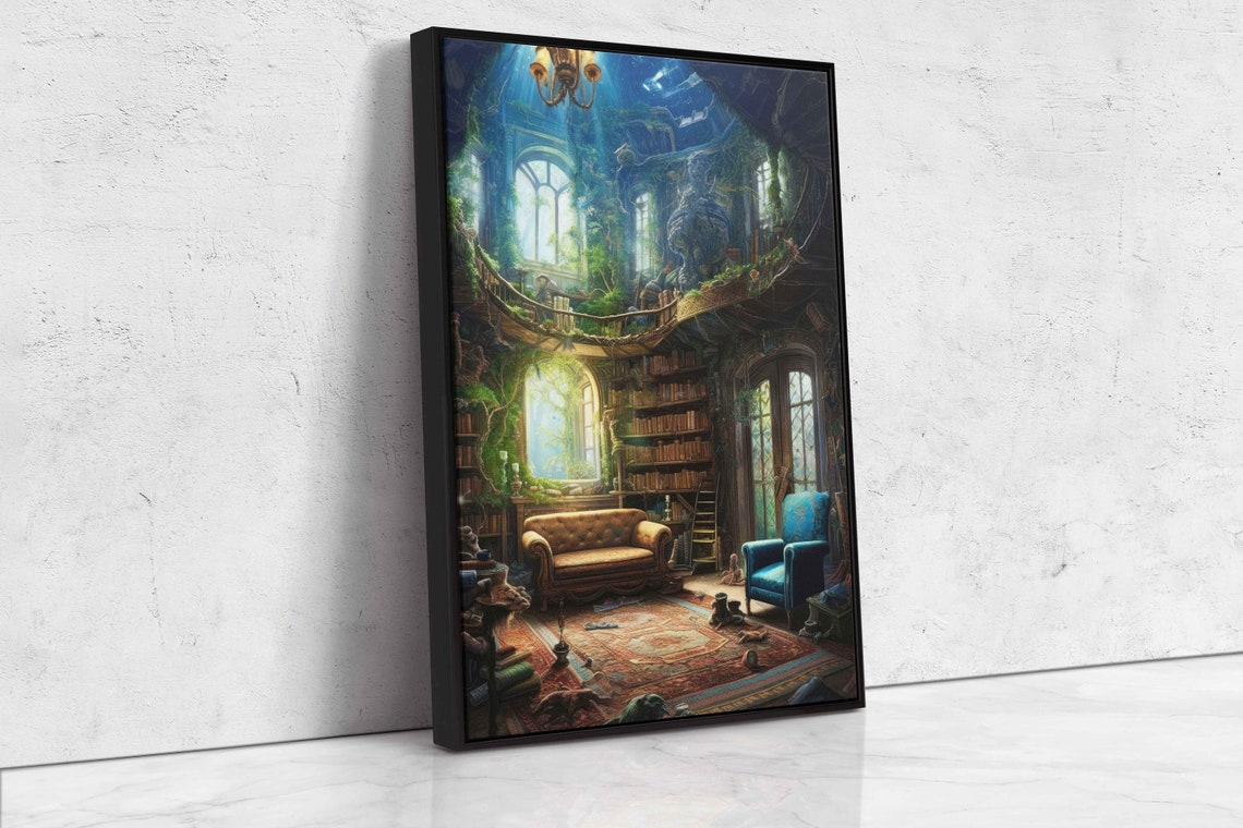 Enchanted Forest Library Treehouse Cozy Bookshelf Fantasy Print - Image 4