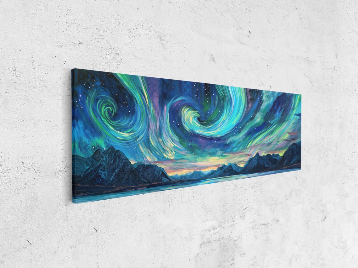 Teal Aurora Borealis Swirls Over Mountain Lake Pastel Horizon Wall Poster - Image 4