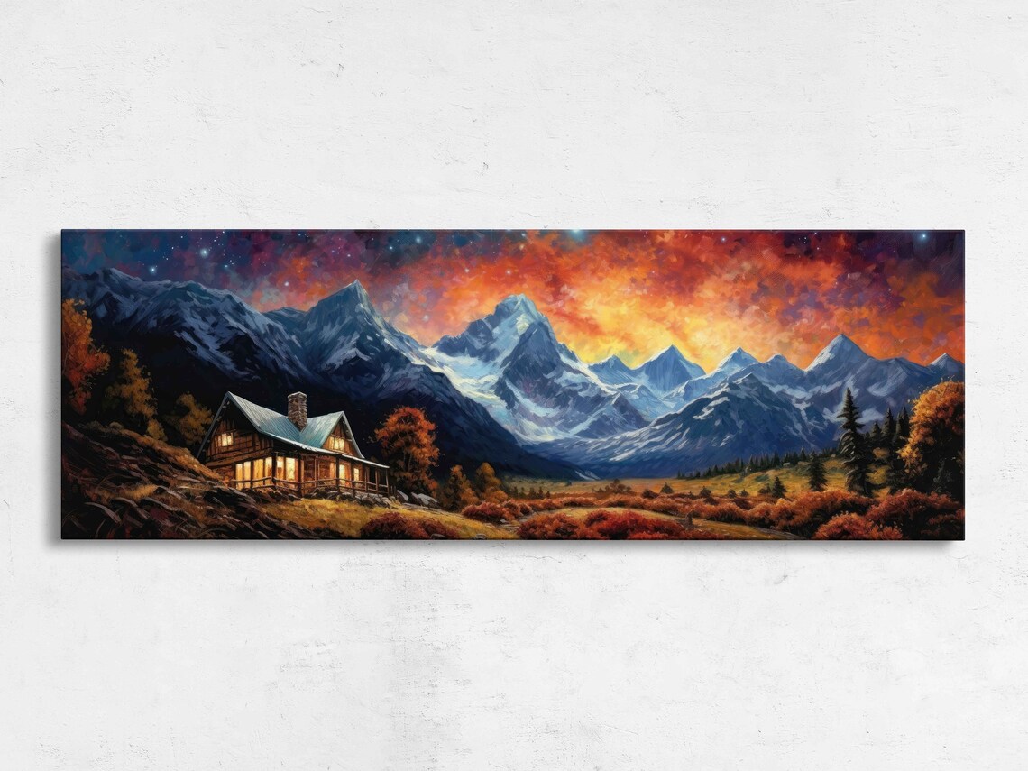 Cabin at Fiery Sunset Snowy Peaks Autumn Trees Mountain Wall Poster