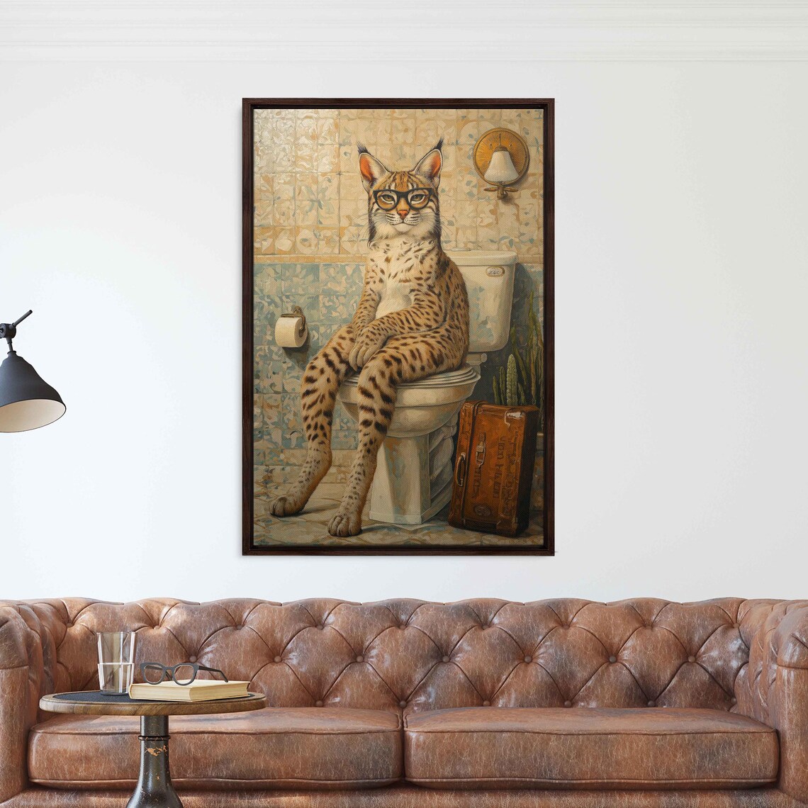 Bobcat on Toilet, Whimsical Vintage Bathroom Art Print