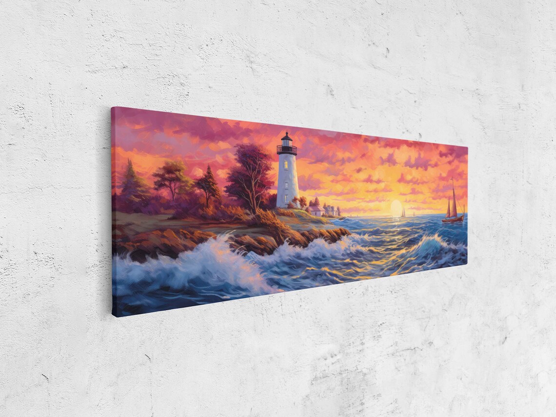 Lighthouse on Rocky Coast Sunset Sailboats Ocean Oil Painting Poster - Image 4