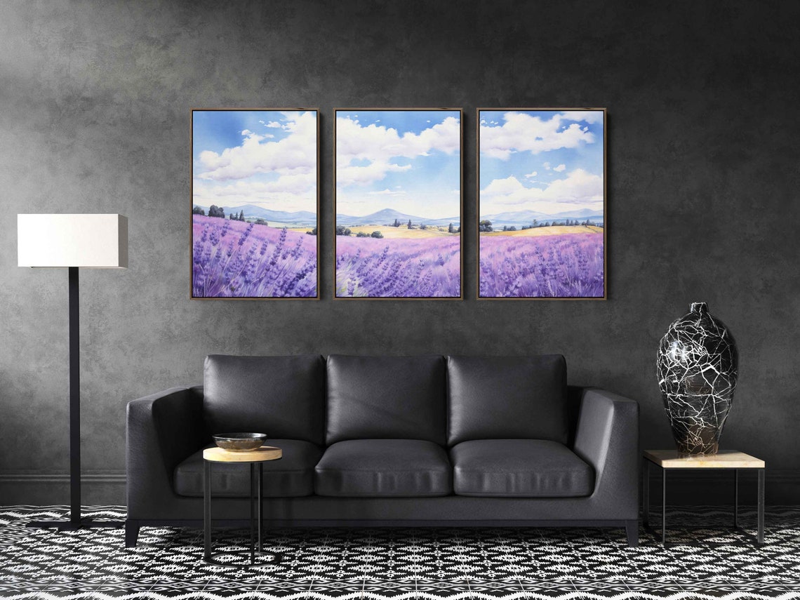 Lavender Field Triptych Watercolor Purple Blooms Blue Sky Wall Art - Image 3