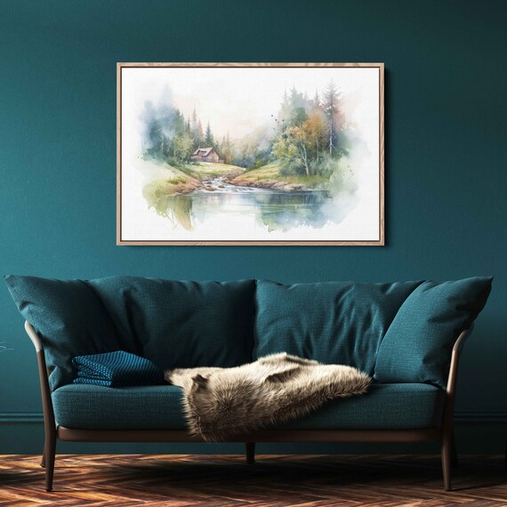 Beautiful Log Cabin Forest Watercolor Painting Light Neutral Colors Rustic Wall Art Farmhouse Decor