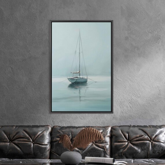 Sailboat Anchored On Misty Mint Sea Foggy Minimalist Art Poster