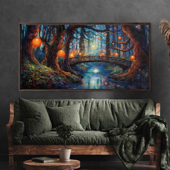 Enchanted Firefly Forest With Bridge Fantasy Art Magical Lanterns Framed Print Ready To Hang Panoramic Painting