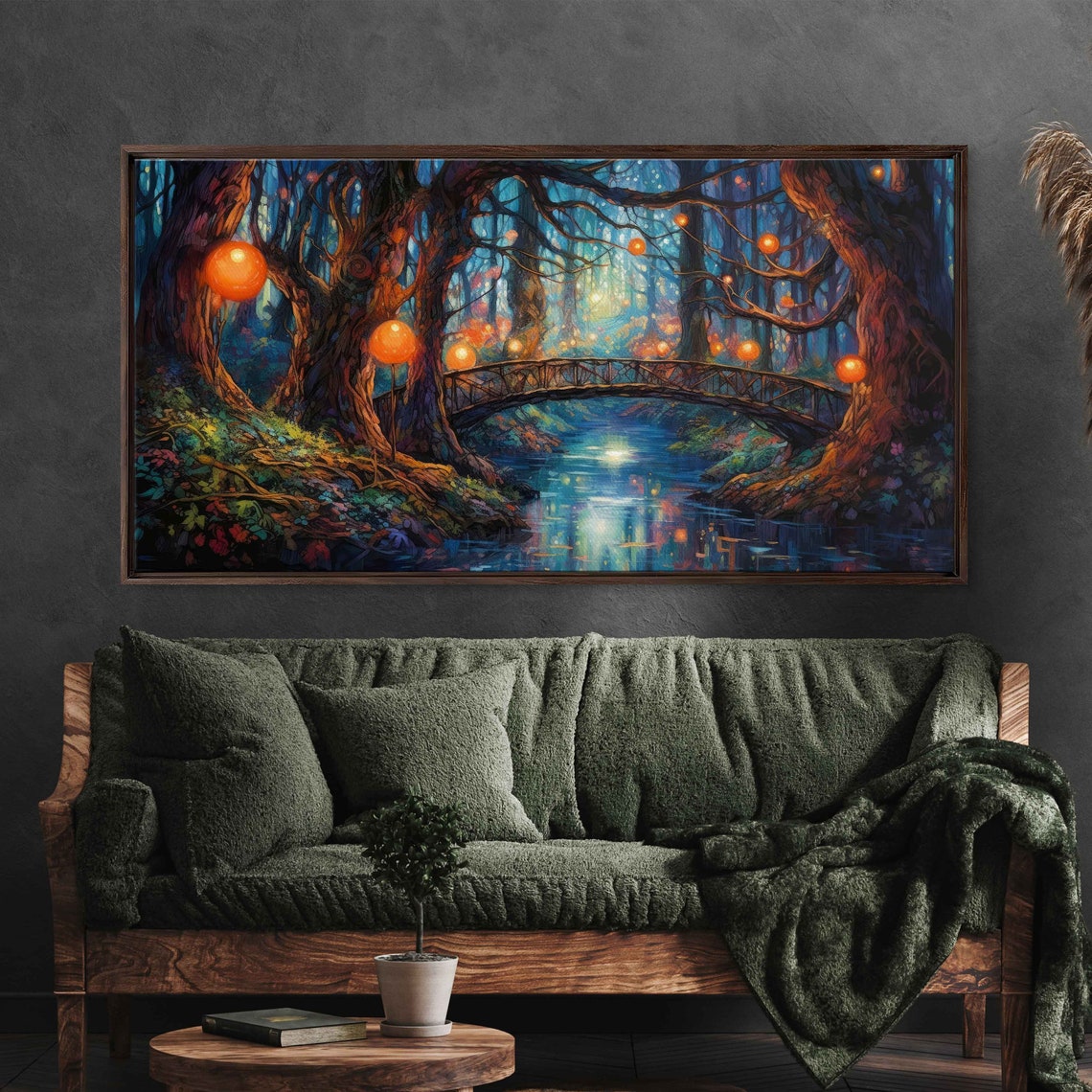 Enchanted Lantern Forest Orange Glow Bridge Blue River Night Art Print