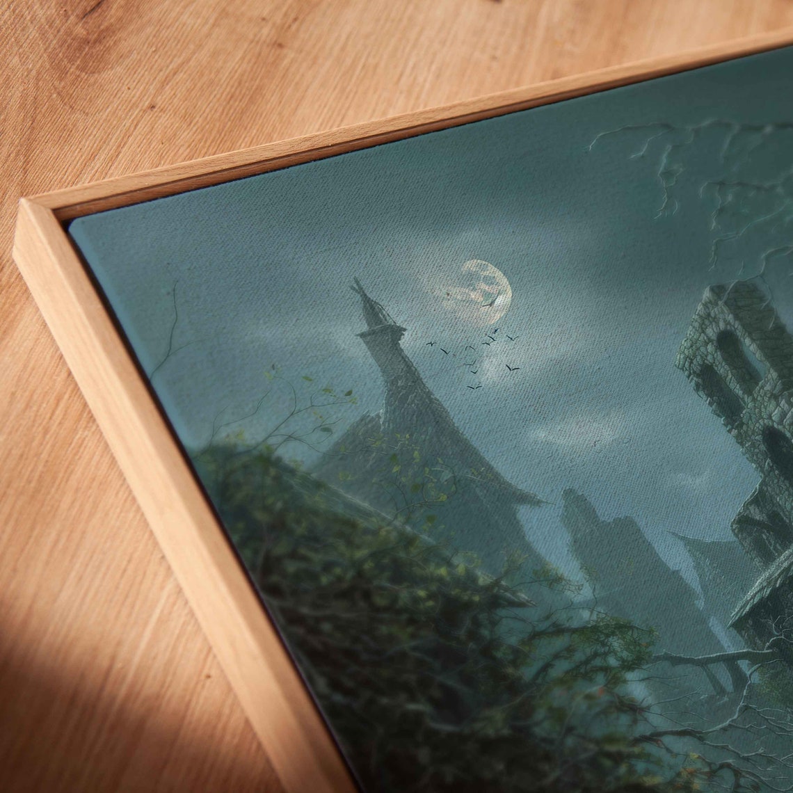 Eerie Ruined Village Twisted Trees Foggy Night Full Moon Wall Art - Image 2