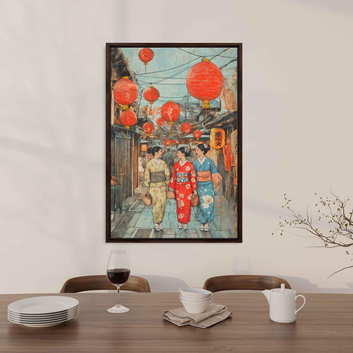 Japanese Kimono Women Red Lanterns Vintage Street Scene Art Poster