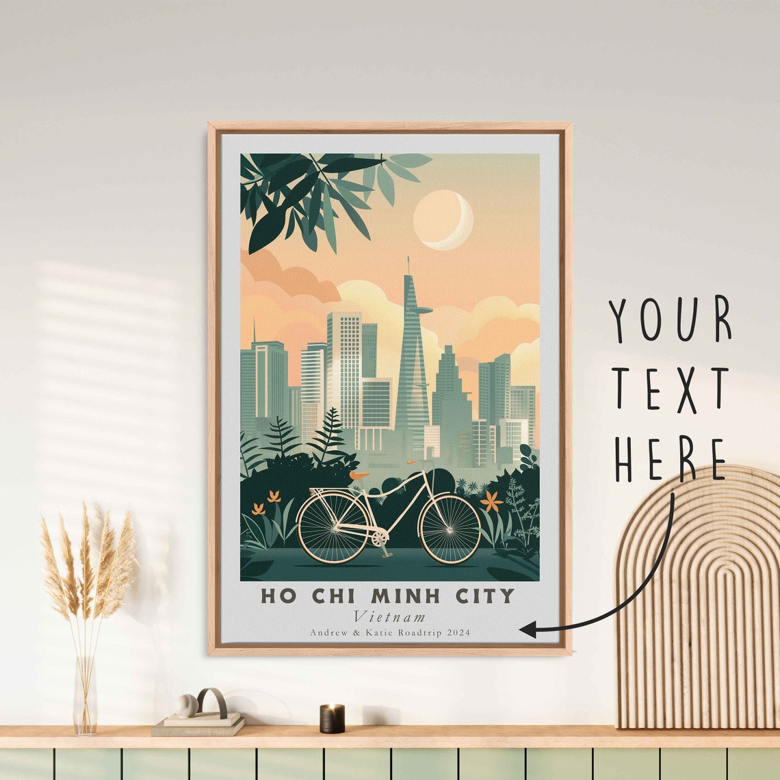 Ho Chi Minh City Vietnam Bicycle Skyline Crescent Moon Art Poster - Image 3