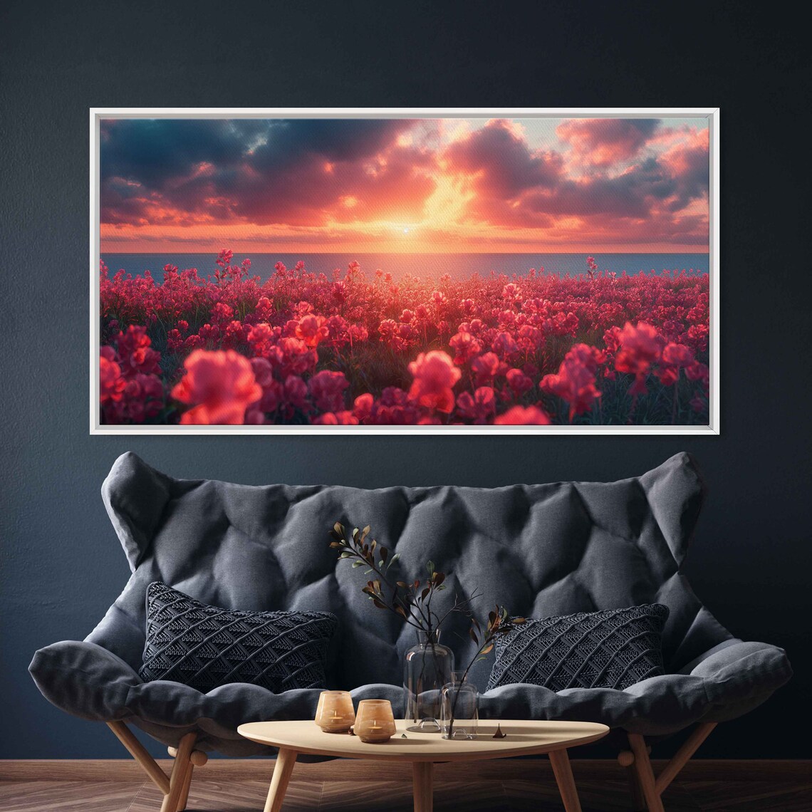 Pink Flower Field Sunset Ocean Horizon Dramatic Clouds Landscape Poster - Image 2