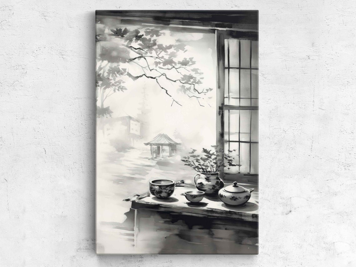 Japanese Ink Tea Set Window View Misty Garden Sumi-e Art Poster