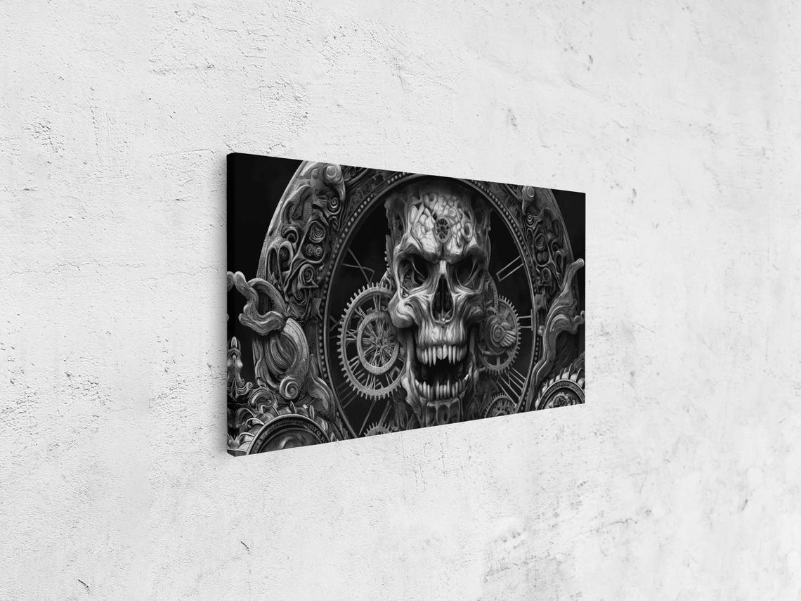 Gothic Skull Clock Steampunk Gears Monochrome Ink Art Halloween Poster - Image 4