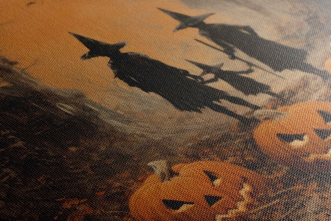 Witch Family Silhouettes With Pumpkins In Autumn Woods At Dusk Poster - Image 2