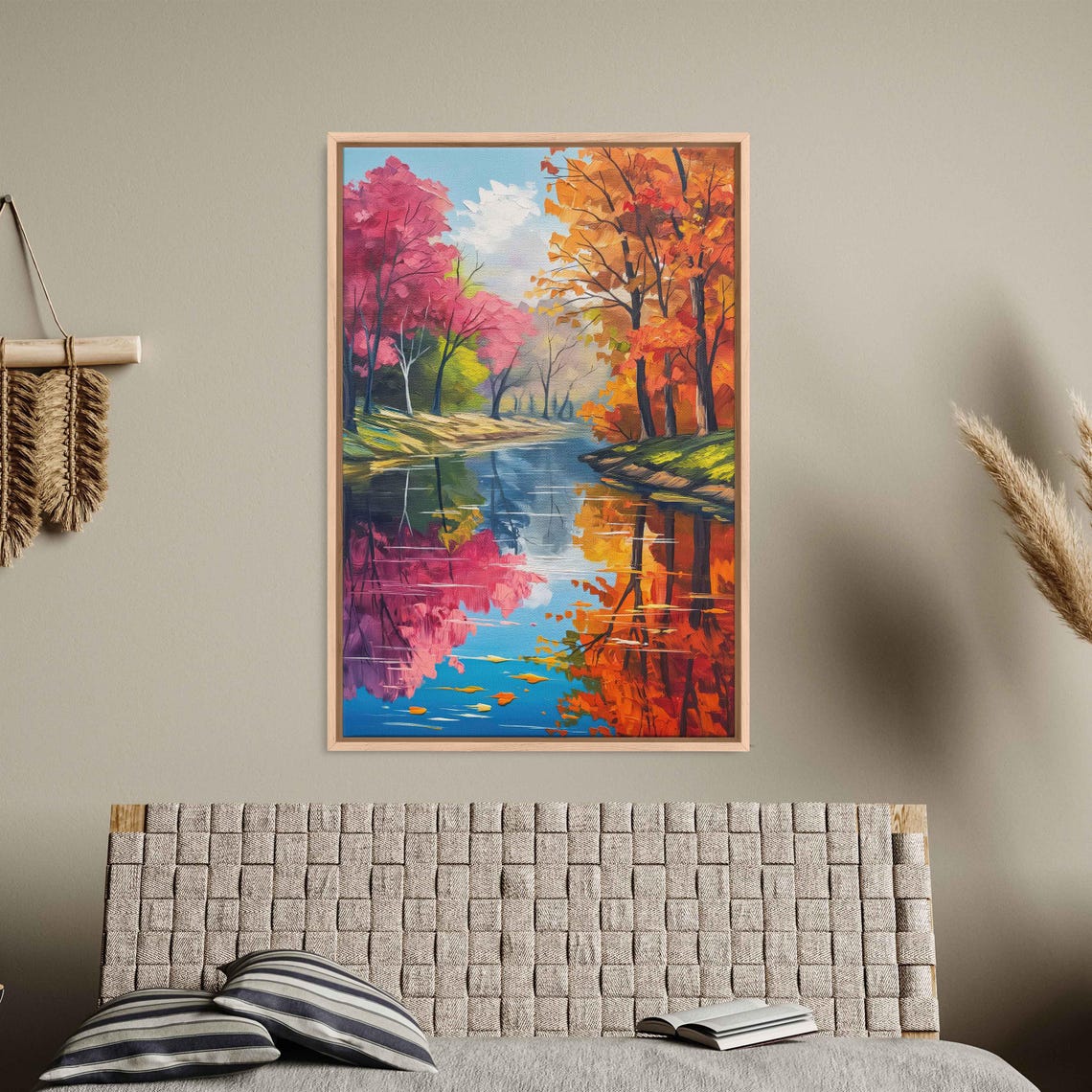 Colorful Autumn Trees Reflected In Calm River Water Painting Poster - Image 3