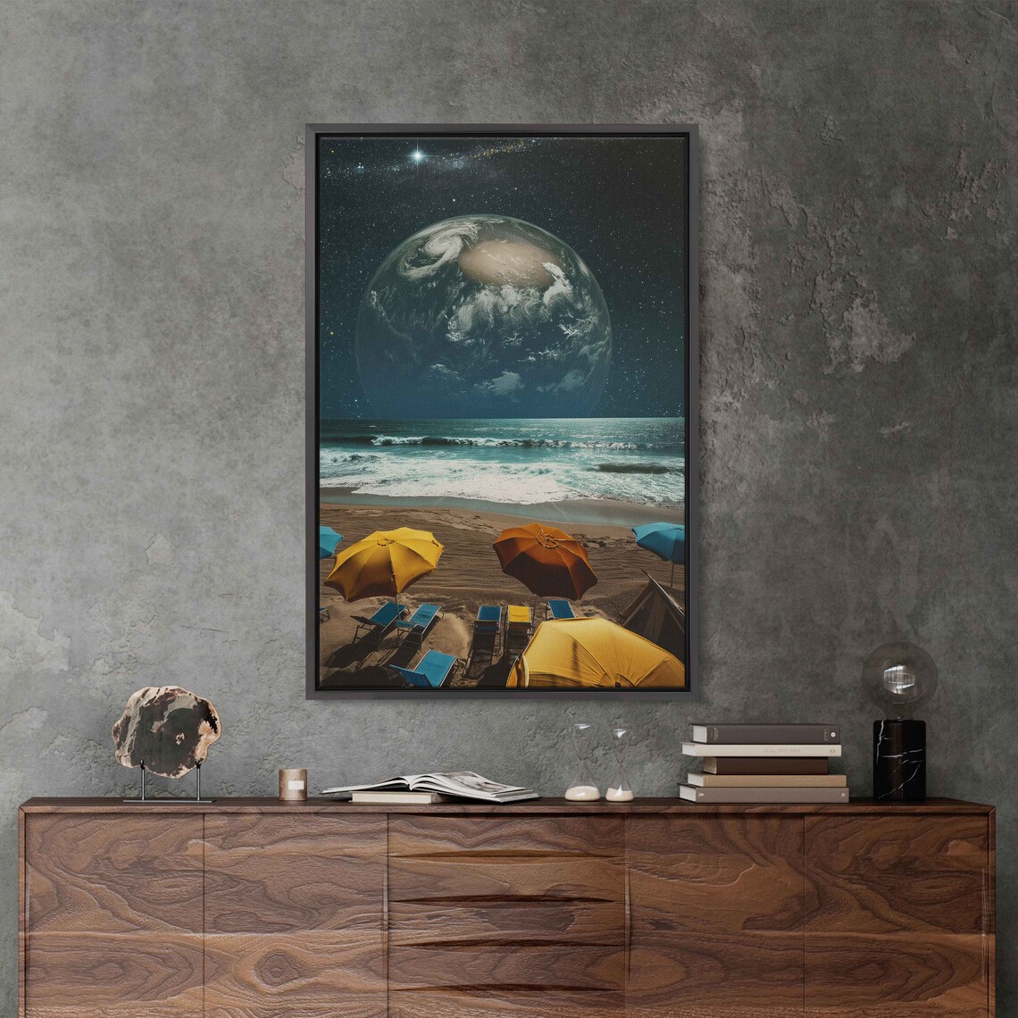 Beach Umbrellas Giant Earth Planet Night Sky Surreal Ocean View Wall Poster